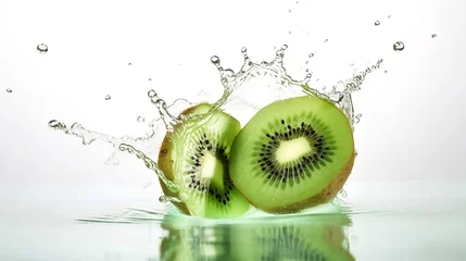 Poster Freshly cut kiwi plunging into water on a white background © Cdric
