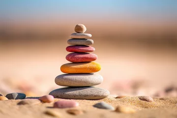 Tuinposter Stenen in het zand zen stone concept, multi colors stones piled on the sand with copy space for your text