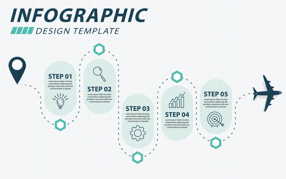 Infographic design template. Timeline concept with 5 options or steps template. layout, diagram, annual, airplanes, travel, report, presentation. Vector illustration.