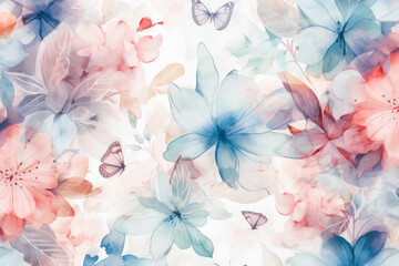 Obraz premium Beautiful abstract background with flowers and butterflies in watercolor style. Generative AI.