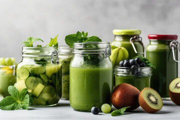 Nutrient-Packed Blend. Green Health Smoothie in Glass Jar Mugs with Kale Leaves and Fresh Fruits. Wellness AI Generative.

