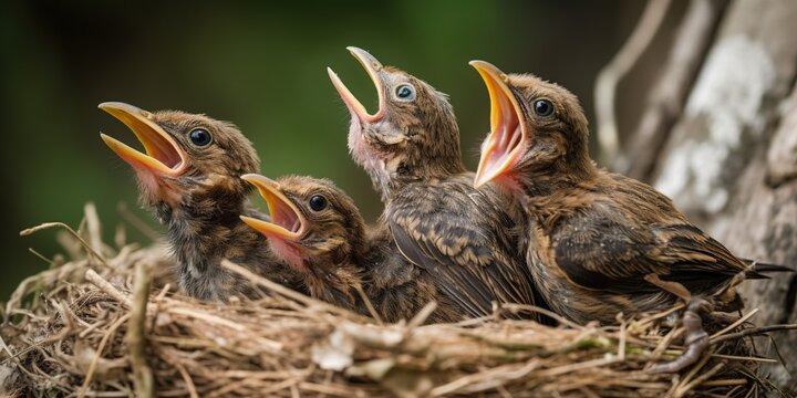 A Nest Of Baby Birds Chirping For Their Mother To Bring Them Food, Concept Of Parental Care, Created With Generative AI Technology