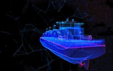 Gas carrier LNG. Blue particle and lines form 3d model Gas tanker. - 600469416