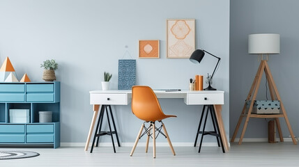 Blue and Orange Color Scheme in Teenager's Room Workspace