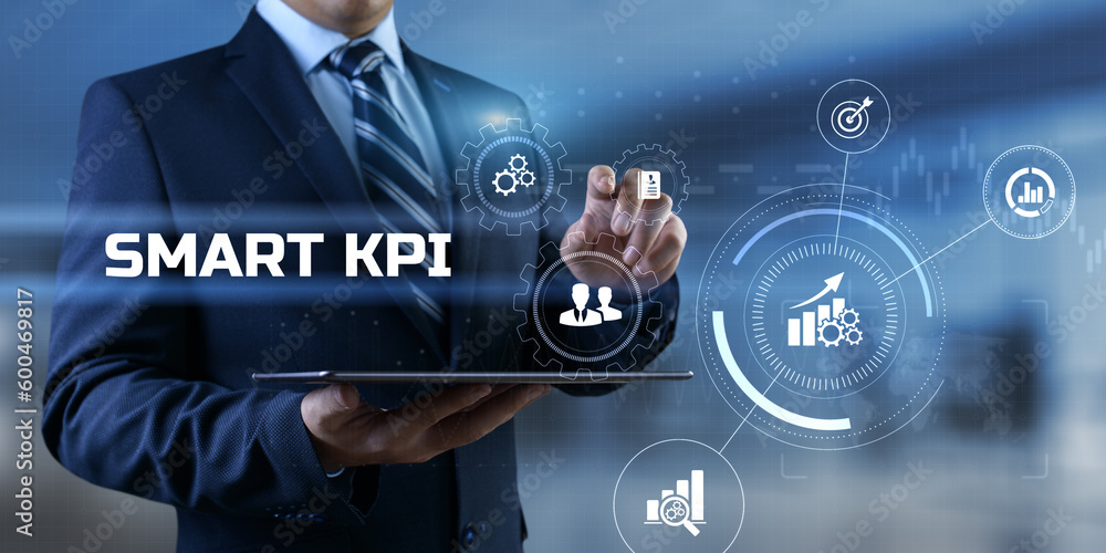Poster smart kpi key performance indicator business technology concept on screen.