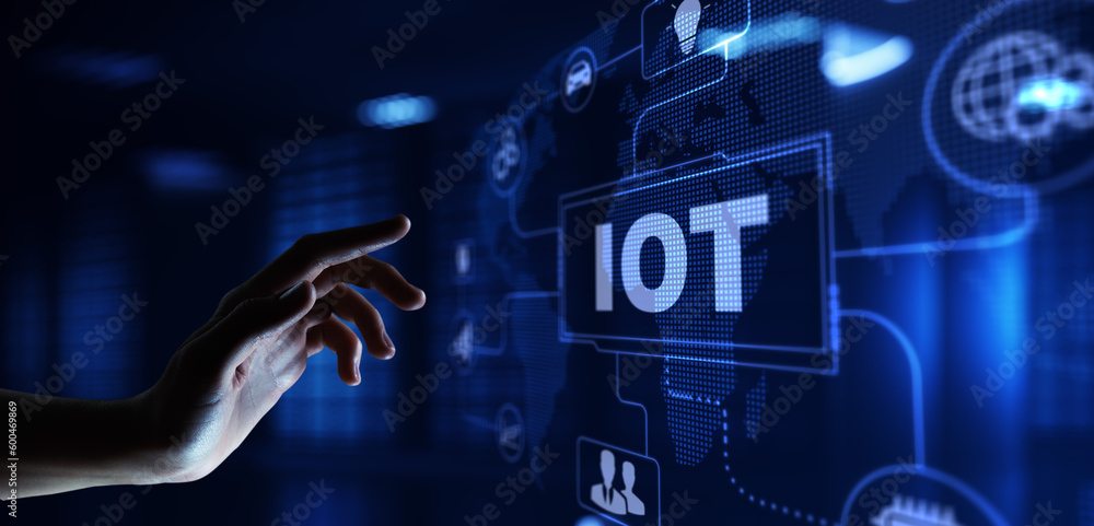 Poster iot internet of things wireless technology concept. hand pressing button on screen.