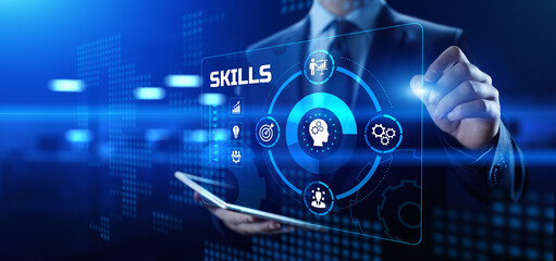 Skills education and personal development concept. Businessman pressing button on screen.