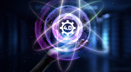 Industry 4.0 Smart manufacturing lean business innovation technology concept. Hand pressing button.