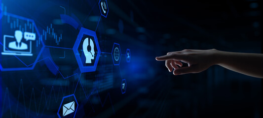 Technical support customer service guarantee quality assurance. Hand pressing button on virtual screen.