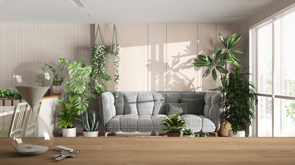 Wooden table or shelf with crystal hourglass measuring the passing time over minimalist living room and kitchen, sofa, house plant interior design, copy space background