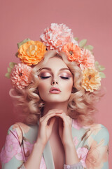 Beautiful girl with flower ornament on her head. She is wearing kimono, and has perfect pastel make up. Natural beauty concept. Generative AI.