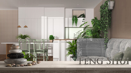 Wooden vintage table shelf with pebble balance and 3d letters making the word feng shui over sustainable living room and kitchen with houseplants, urban jungle interior design