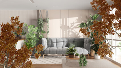 Orange yellow and red fall leaves, tree branch over interior design scene. Natural ecology concept...