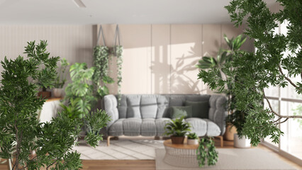 Green summer or spring leaves, tree branch over interior design scene. Natural ecology concept idea. Kitchen, dining and living room with many houseplants. Urban jungle design