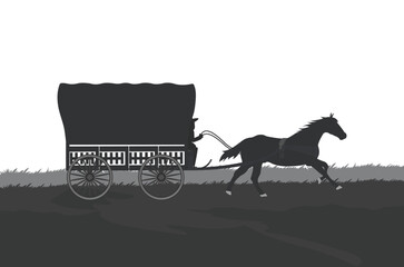 Horse and covered carriage. The horse runs trotting. Traditional rural transportation.
