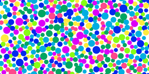 Poka dot bright noise seamless pattern. Abstract multicolor vector background with polka circles. Fun wallpaper with estive colorful confetti. Modern simple geometric pop art backdrop