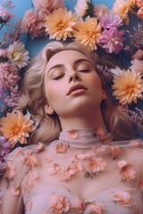Beautiful girl laying in the flowers. She is wearing transparent blouse, and has perfect pastel make up. Natural face care concept. Generative AI.
