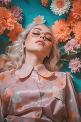 Beautiful girl with glasses laying in the flowers. She is wearing satin blouse, and has perfect pastel make up. Natural beauty concept. Generative AI.