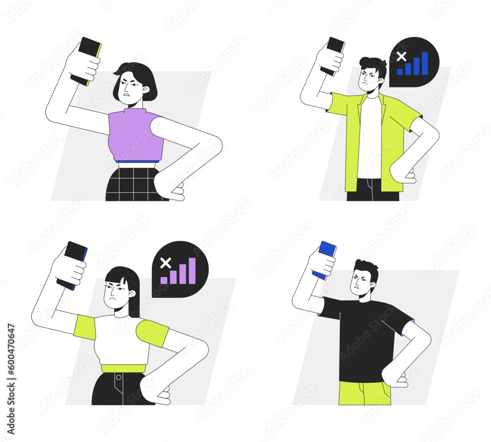 Poster having trouble with phone flat line vector spot illustration set. 2d cartoon outline characters on w