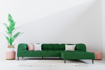 Living room in house with modern interior design, green velvet sofa, plant, carpet,. 3d render