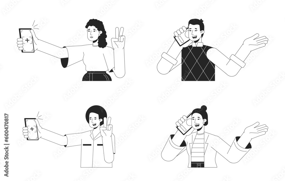 Aufkleber using smart phone bw vector spot illustration set. taking selfie photo, making call 2d cartoon flat 