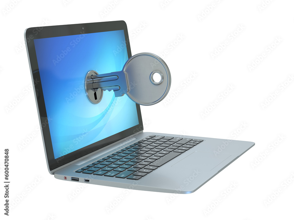 Aufkleber computer security 3d concept - laptop and key 3d rendering