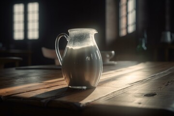 Illustration of milk jug on a wooden table. Generative AI