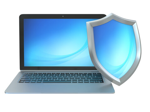 laptop with shield - internet security, antivirus or firewall 3d rendering