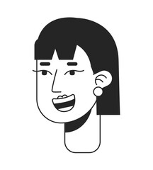 Beautiful woman smiling broadly monochrome flat linear character head. Welcoming grinning. Editable outline hand drawn human face icon. 2D cartoon spot vector avatar illustration for animation