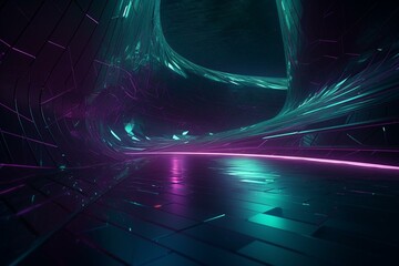 A futuristic background with abstract lines in shades of green and violet. Generative AI