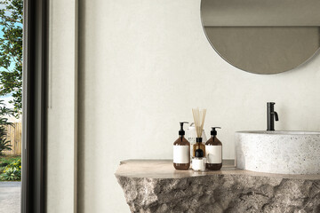 Minimalistic bathroom featuring a natural stone countertop with a white sink, attached to a stone wall. This mockup-ready countertop can serve as a display stand for bathroom products.3d rendering
