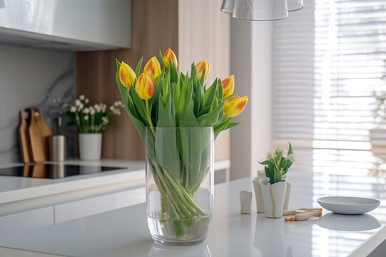 Tulips in a vase on a table of a modern and clean kitchen