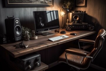 Minimal vintage home workspace with computer on wood table and leather chair. Generative AI