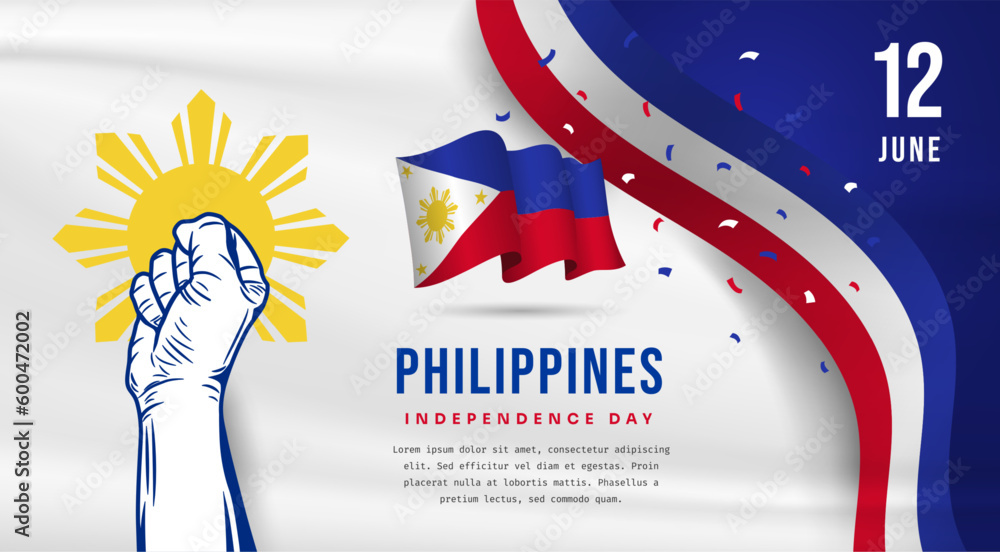 Wall mural Banner illustration of Philippines independence day celebration with text space. Waving flag and hands clenched. Vector illustration.