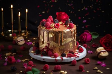 Cake adorned with raspberries, flowers, gold leaf decorations, and confetti scattered on a table. Generative AI