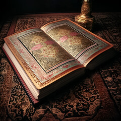 Fototapeta premium Old book with gold and silver, Koran, Islam concept. Illustration, generative ai.