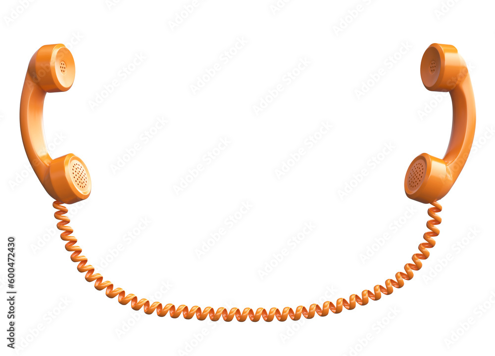 Poster two telephone handsets connected - conversation connection contact 3d rendering