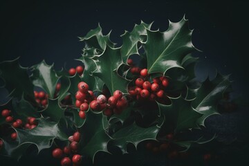 Festive holly decoration. Greetings for new year. Ornament. Postcard. Generative AI