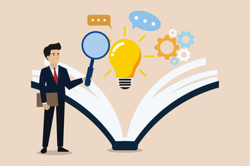 Business people find ideas after reading books. Illustration of a successful businessman.