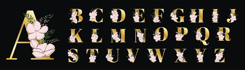Golden floral alphabet font uppercase letters with flowers leaves gold splatters