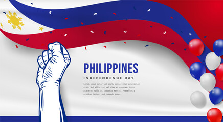 Banner illustration of Philippines independence day celebration with text space. Waving flag and hands clenched. Vector illustration. - Powered by Adobe