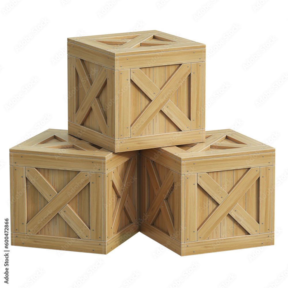 Poster stack of wooden crates, cargo boxes isolated on white background 3d rendering