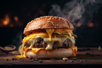 Juicy burger with melted cheese between buns. Generative AI - obrazy, fototapety, plakaty