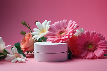 Obraz na płótnie Canvas Skin care concept with hand cream in jar on pink background and flower decoration