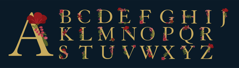 Golden floral alphabet font uppercase letters with flowers leaves gold splatters