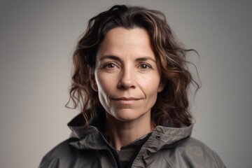 Fototapeta premium Portrait of a middle-aged woman in a jacket on a gray background