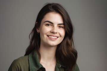 Fototapeta premium Portrait of a beautiful young brunette woman in a green shirt