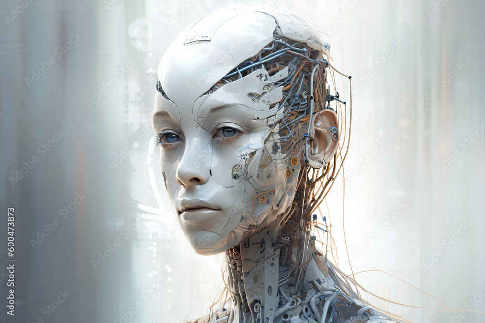 Poster illustration of a beautiful female android head. robotic and artificial intelligence concept. create