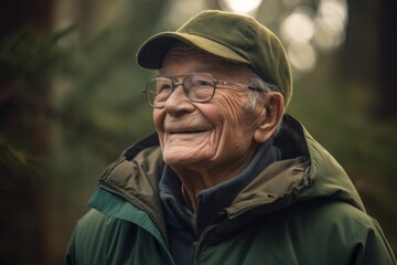Obraz premium Portrait of an elderly man with glasses and a cap in the forest