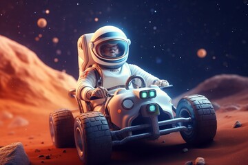 Cartoon illustration of a charming spaceman zipping a go-kart amidst scientific domains. Generative AI - obrazy, fototapety, plakaty